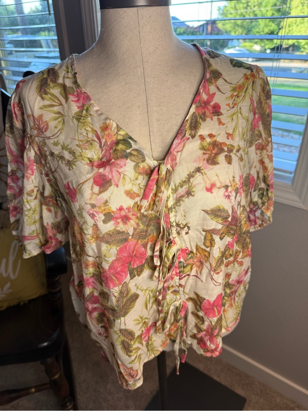 Rose & Olive Cream Floral Tie-Front V-Neck Blouse with Pink and Green Accents